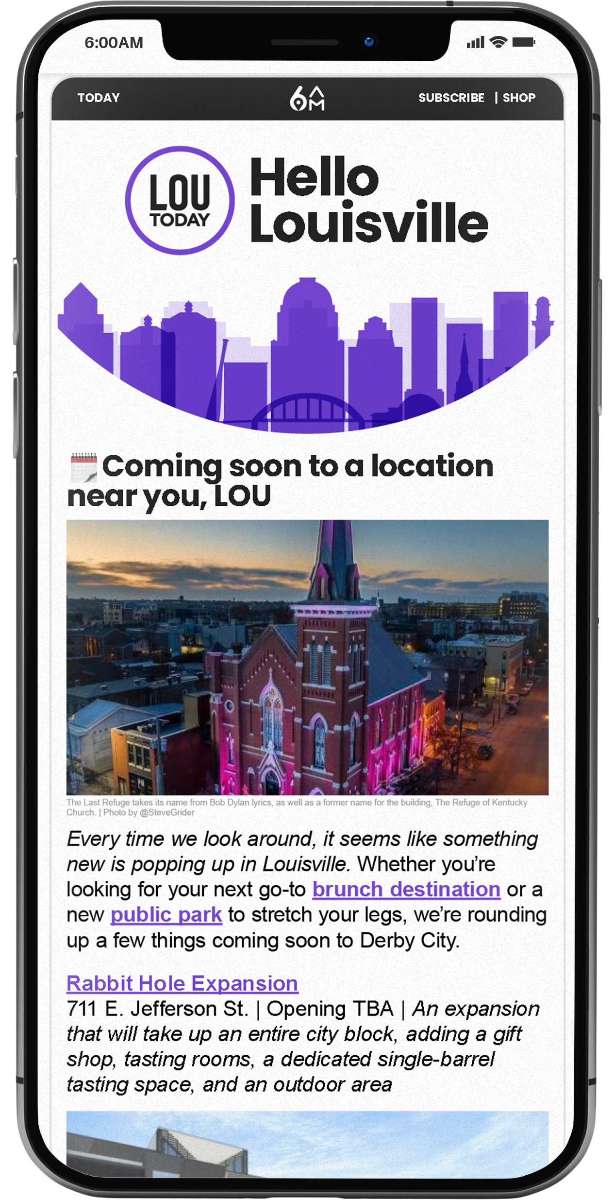 Phone showing content for Louisville