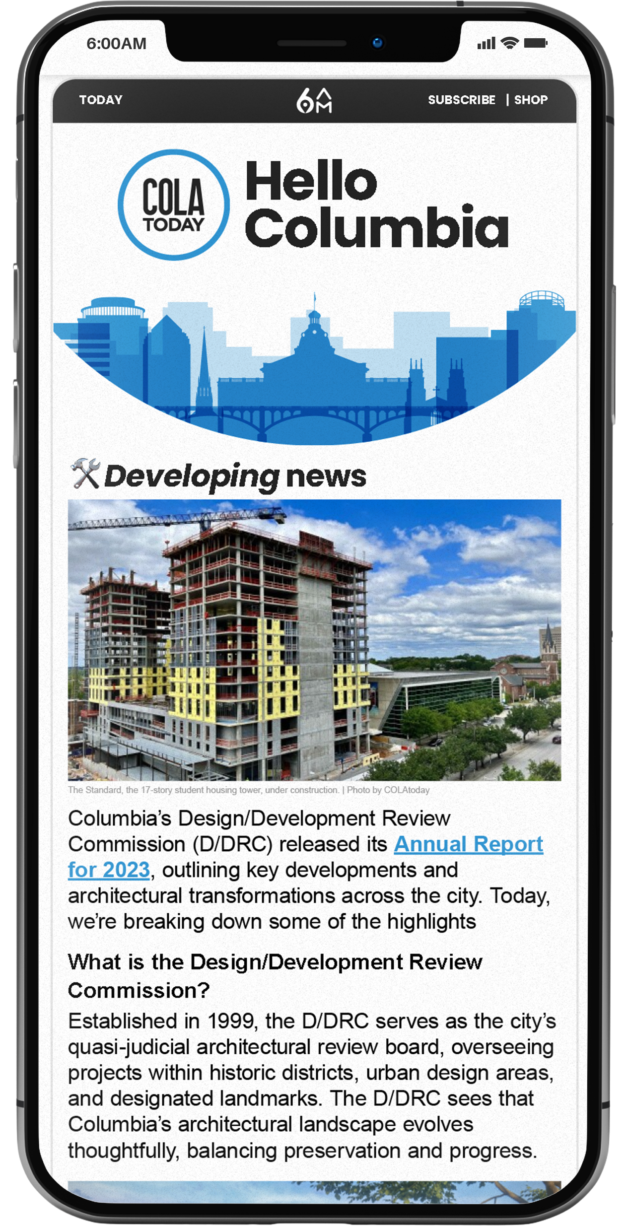 Phone showing content for Columbia