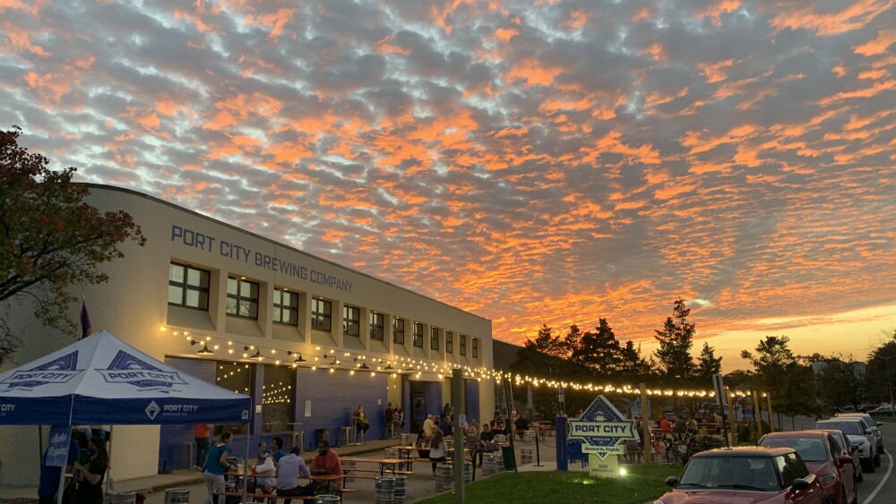 The patio during sunset at Port City Brewing Company.