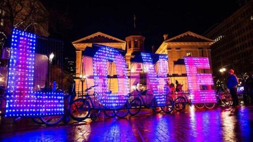 An electric light display that spells out L-O-V-E at night