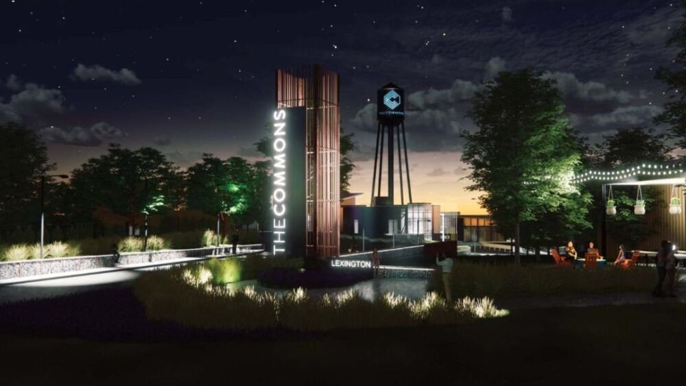 A rendering of what the entryway of The Commons will look like at night.