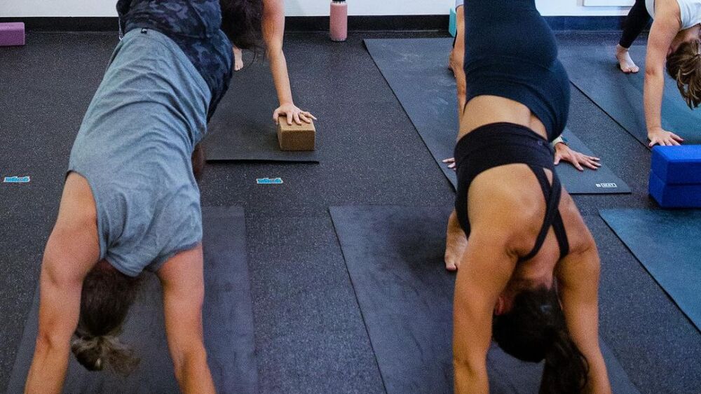 Several people are practicing yoga, with their hands in the ground and each have one leg in the air.