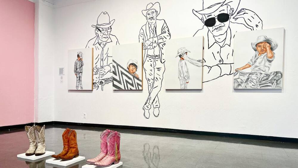 Three pairs of cowboy boots sit in front of four drawings of a kid in a cowboy hat. 