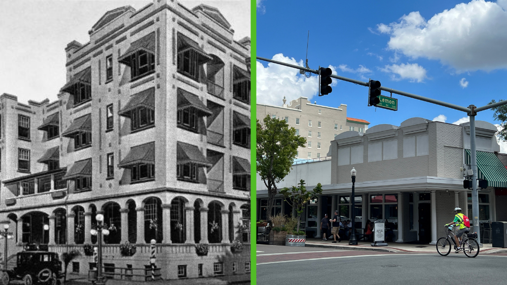 Side-by-side comparison of the Hotel Thelma and the street corner it used to stand on.
