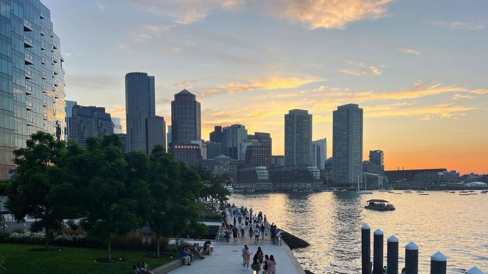 The Boston Harbor walk at sunset.