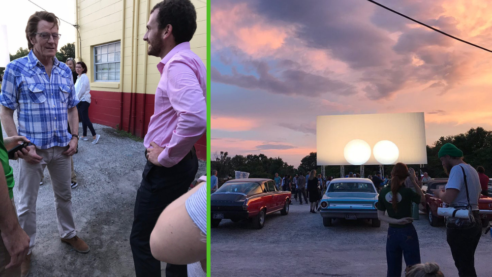 A graphic showing actor Bryan Cranston talking to a man on the left and a film set at a drive-in movie in Lakeland on the right