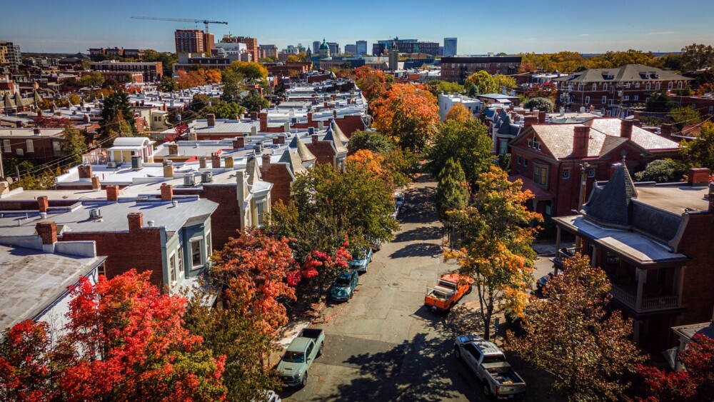 An aerial shot of fall foliage in the fan