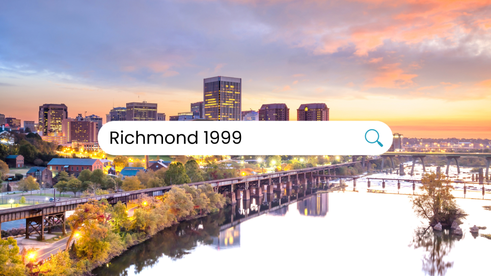 Richmond VA skyline with a search bar reading "Richmond 1999" overlaying it.