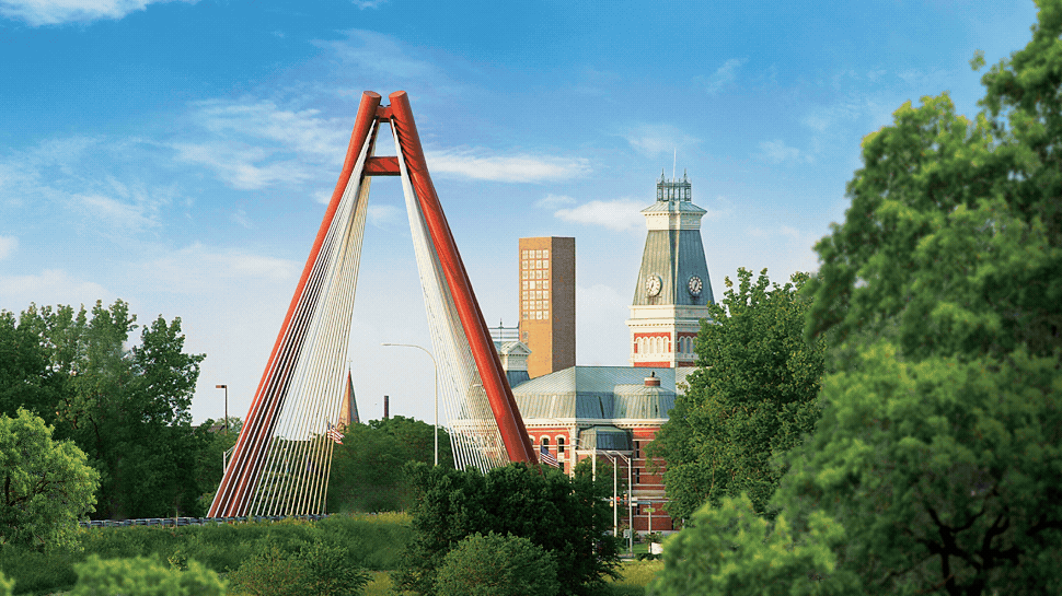 a gif featuring images of downtown Columbus, IN and the Kidscommon Children's Museum
