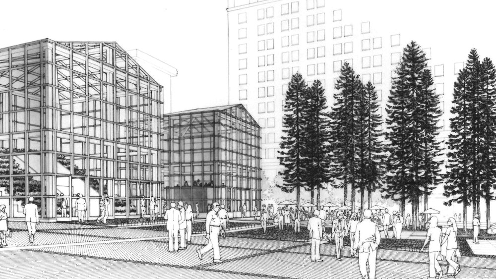 Alternating renderings/models show potential Pioneer Courthouse Square designs.