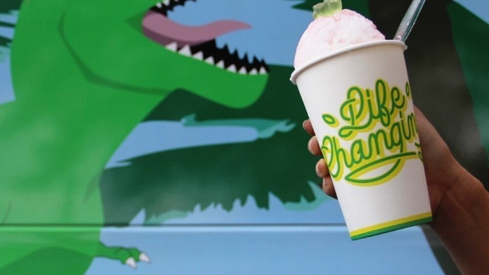 Shaved Ice Island cone being held in front of a dinosaur mural