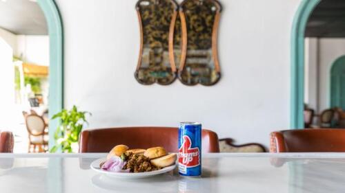 Food on a marble countertop.