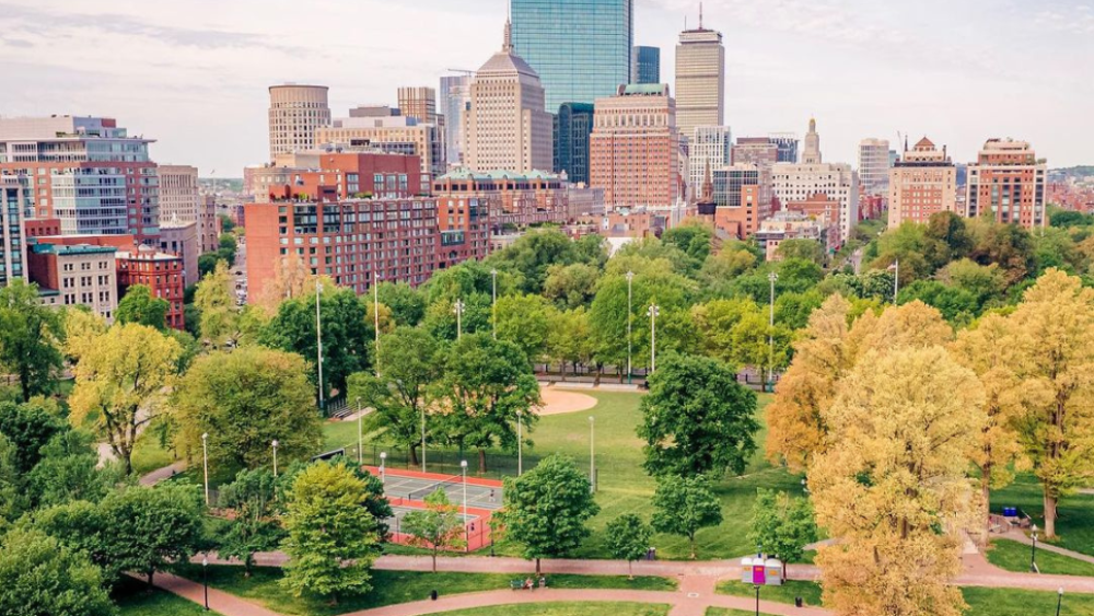 Aerial view of Boston Common with tennis court, trees, and city buildings