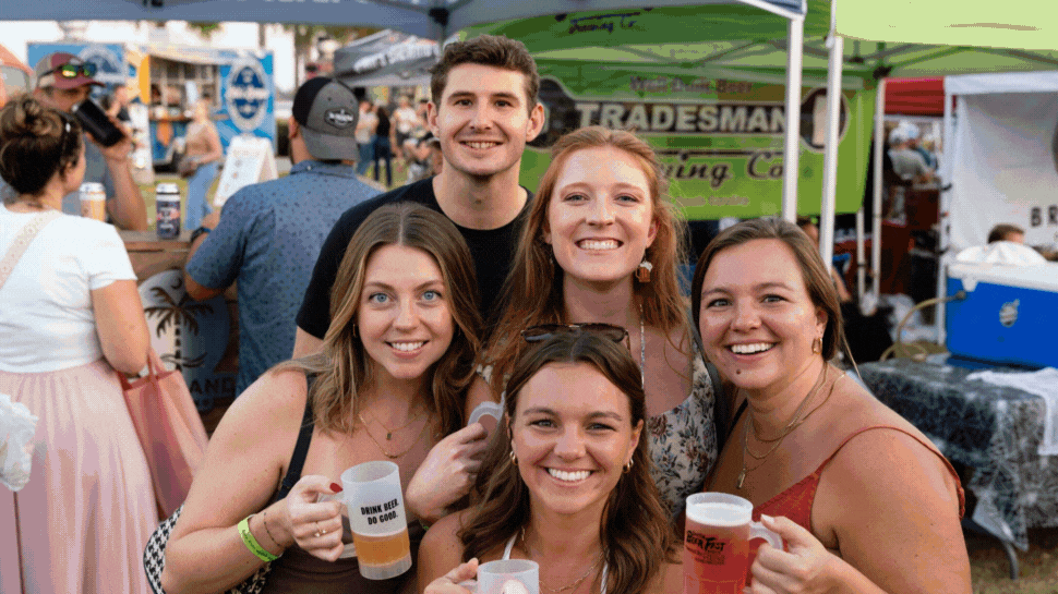A rotating gif of four images featuring groups of people holding beer at the festival.