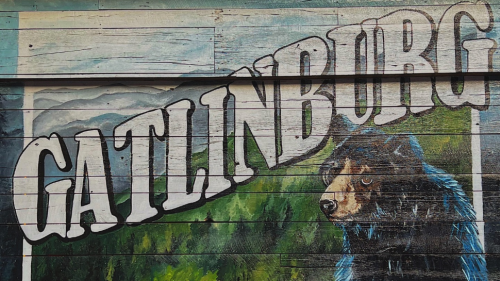 A mural of a mountain and tree canopy covered by "Gatlinburg" featuring a black bear.