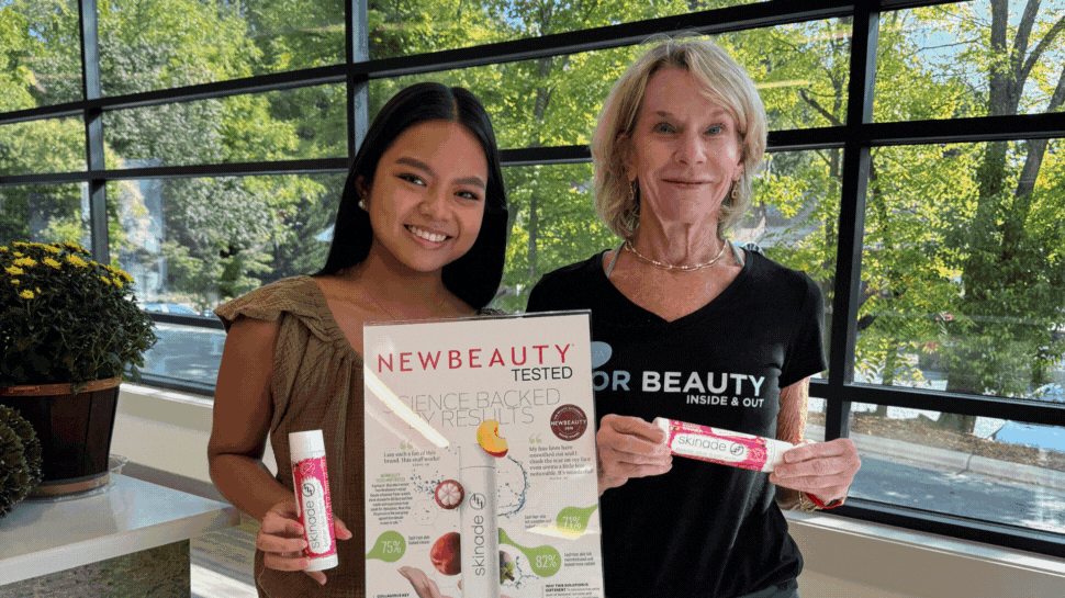 Picture of women holding pink Skinade product: (l-r) Panisara Purcell and Trish Welch at The VISTA at Forsyth Plastic Surgery; LED mask treatment; Skinade products wrapped up in holiday bows.