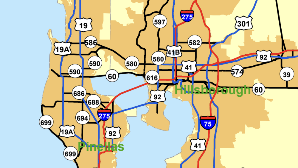 A map of the Tampa Bay area and the roads operated by the Florida Department of Transportation. These include highways, state roads, and other state-operated roads.
