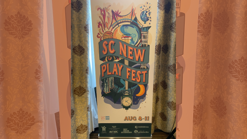 A poster with the text "SC New Play Fest Aug. 8 - 11" set against drawings of Greenville landmarks.