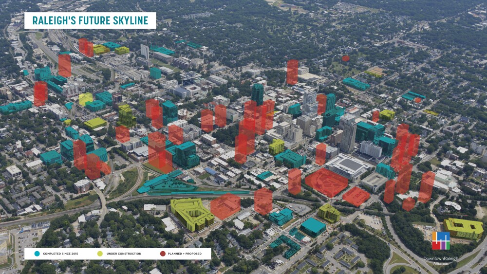 The skyline of downtown Raleigh with completed, under construction, and planned buildings highlighted.