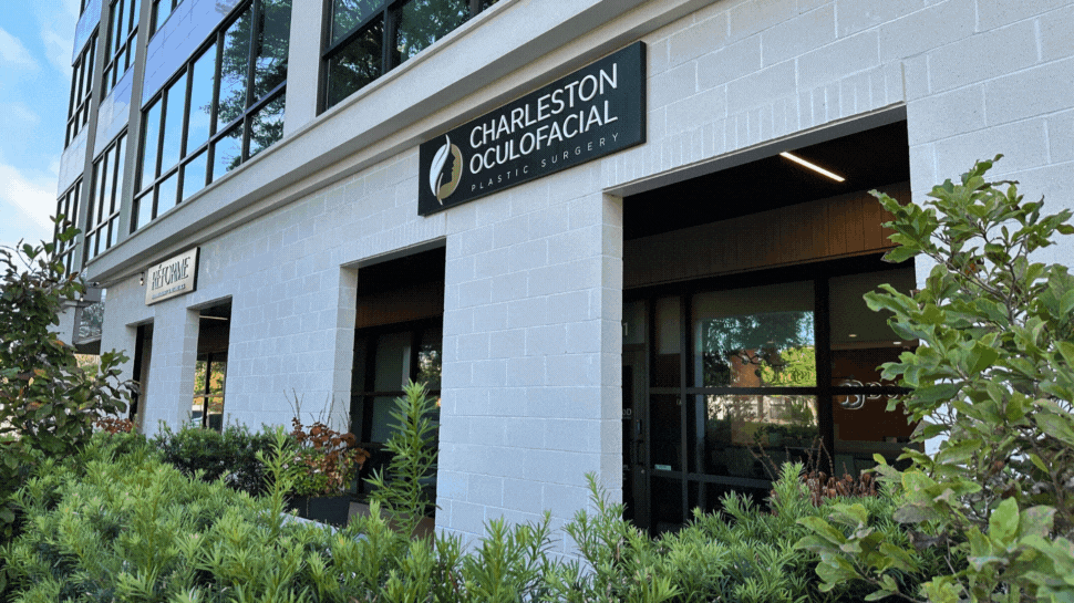 A slideshow of images. A photo showing the exterior, lobby with receptionist, and treatment room at Charleston Oculofacial Plastic Surgery