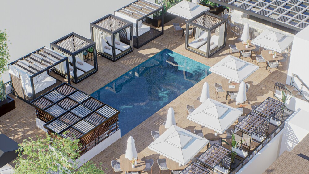 A rendering of a rooftop pool with cabanas and seating.