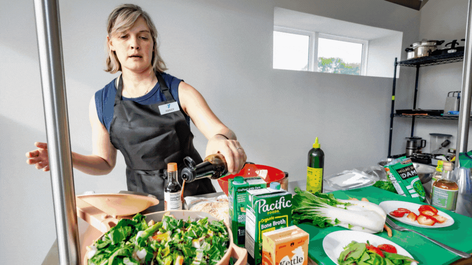 rotating gif of people cooking in a kitchen, packing boxes of food, delivering boxes of food to community pickups