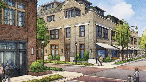 A rendering of a major multi-building development with crosswalks, greenery, and pedestrians in view.