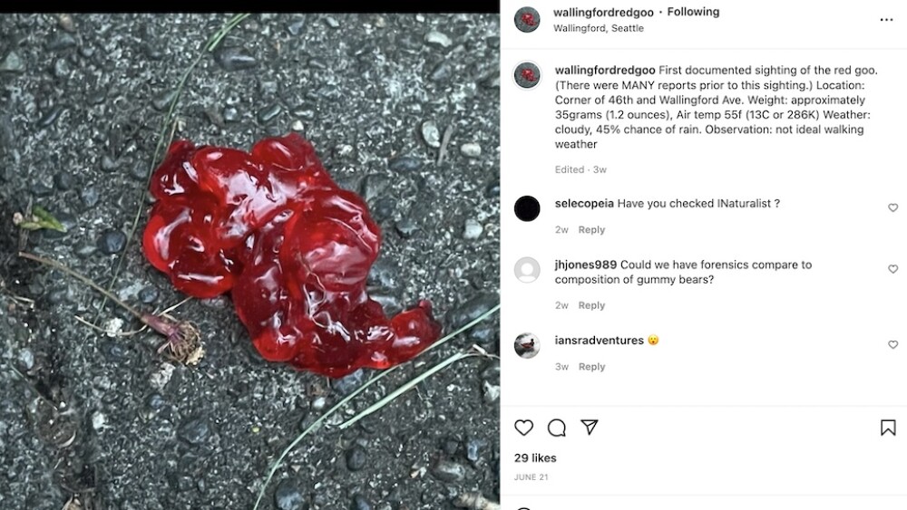 An Instagram account called @wallingfordredgoo displays a photo of a red blog on the ground