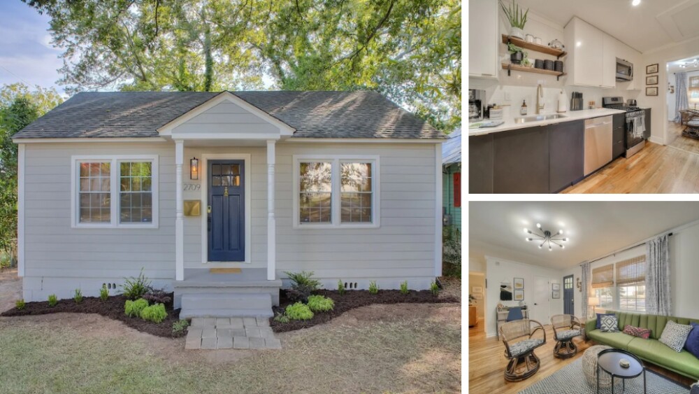 Several photos of a rental home with an open kitchen and wicker furniture.