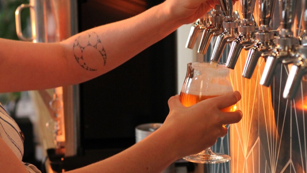 Person pouring a beer out of a tap with silver knobs.