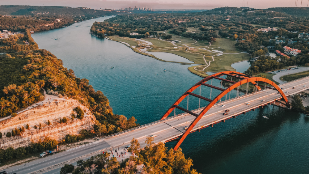 The Pennybacker Bridge with the Austin skyline in the background.