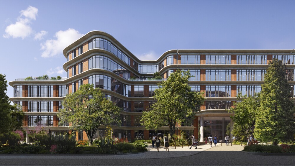 A rendering of the Springdale Green office building, a large structure with curved walls and large trees out front.