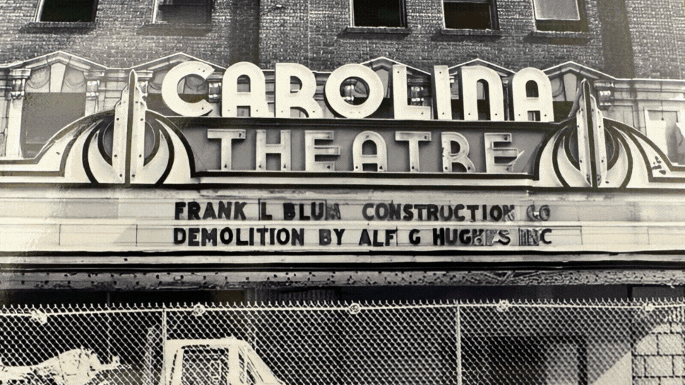 Shots from old businesses and new buildings, including the Carolina Theatre, Kaleideum, the Stevens Center, and the mall, plus a woman in a chair, and a man standing holding a brick.