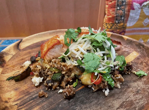 A gif with multiple photos of Second Bar + Kitchen drinks, food, and atmosphere.