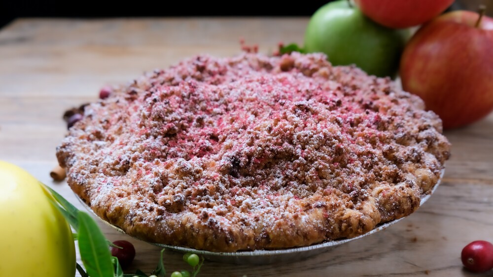 A close-up of Bakery Lorraine's apple cranberry pie