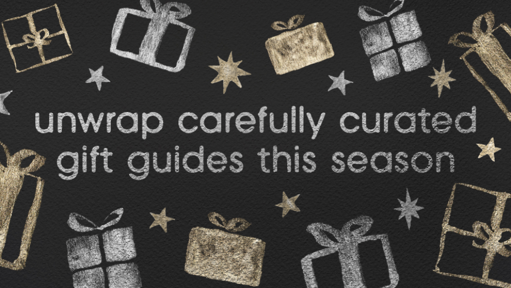 Metallic watercolor presents and stars with the text "unwrap carefully curated gift guides this season"