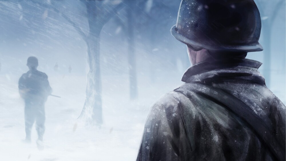 an illustration of a soldier from behind looking at a snowy landscape with the silhouette of another soldier in the distance