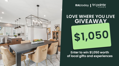 A giveaway graphic. The left half is a photo of the interior of a new home, complete with modern furniture. The right half has a bright green price tag icon and details about the giveaway in text above and below.