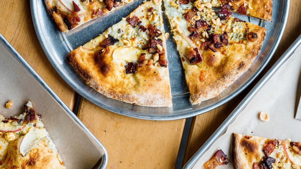 Wood fired pizza on a pan