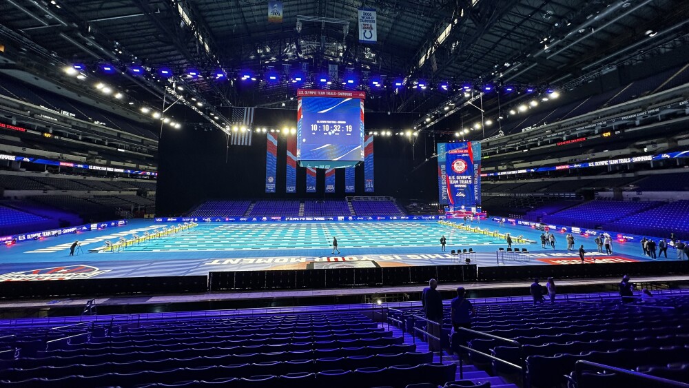 An Olympic-sized swimming pool set up inside Lucas Oil Stadium