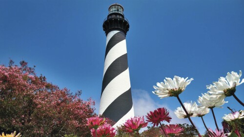 A large lighthouse is surrounded by plants and flowers at the base.