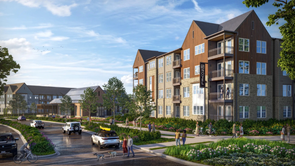 An artist rendering of a multifamily apartment complex with a vibrant community.