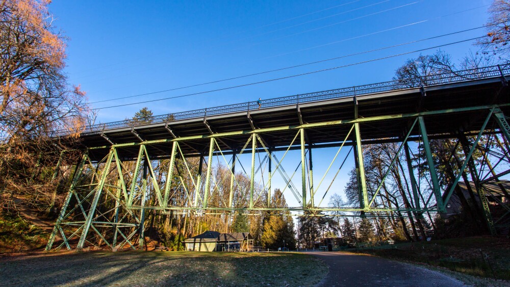 A bridge spans a shaded grassy area with a person walking across the top.