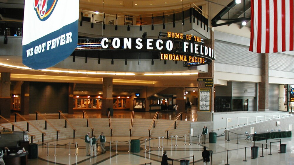 The lobby at Conseco Fieldhouse — now Gainbridge Fieldhouse — welcoming the Indiana Pacers.