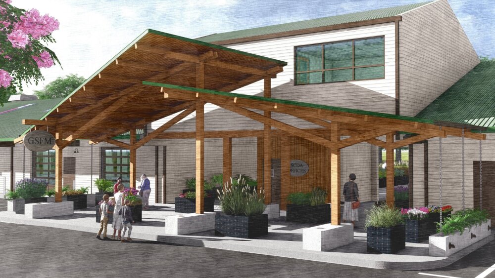 A rendering of a white building with a green roof and wood accents.