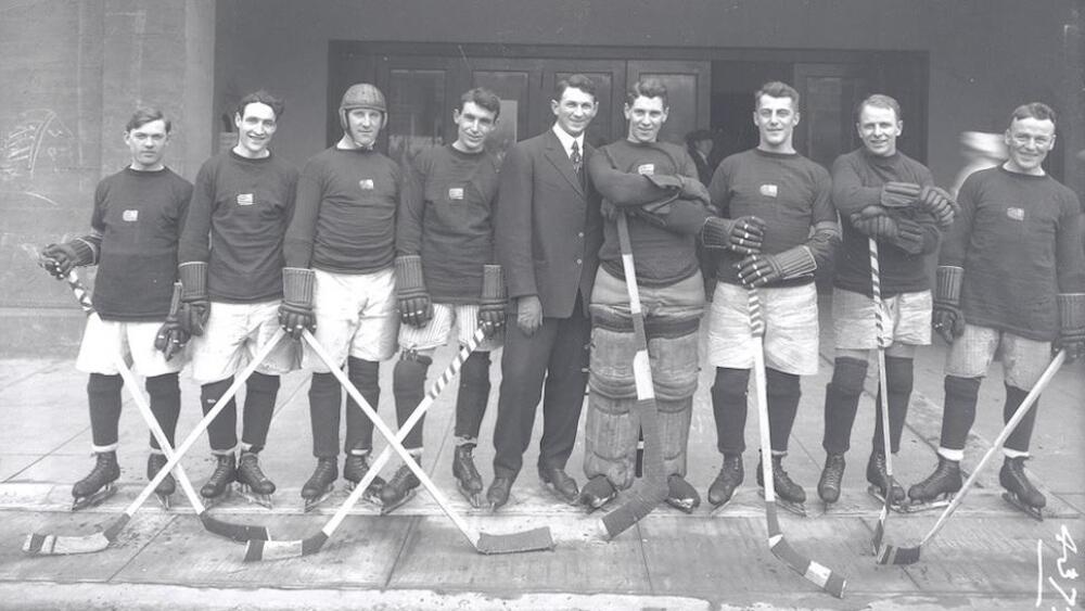 An old time photo of a hockey team