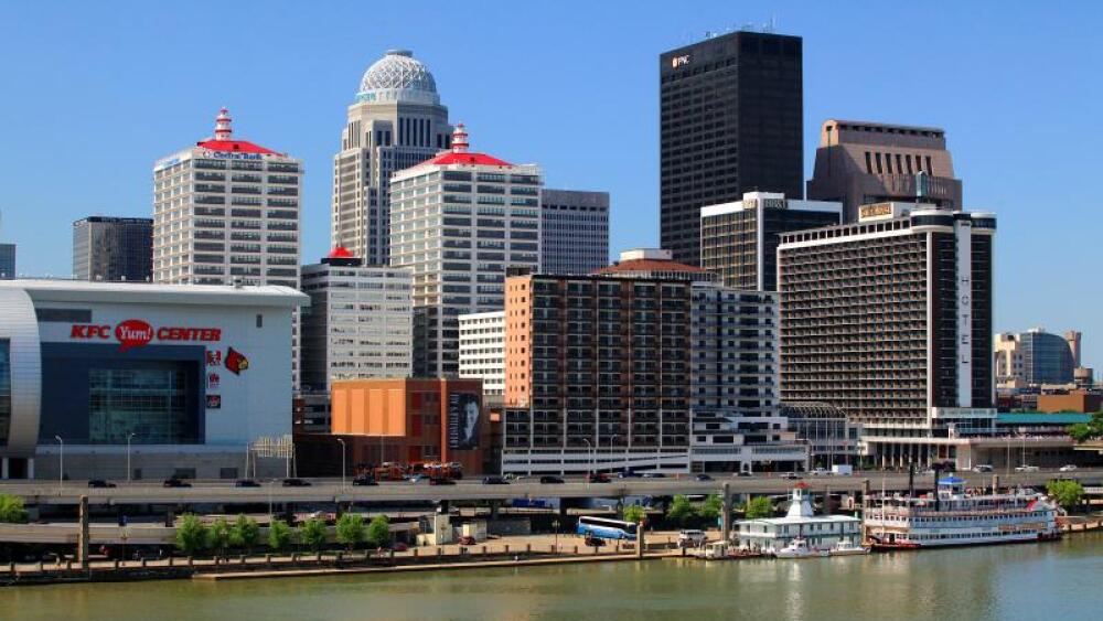 a shot of downtown Louisville from the Ohio River