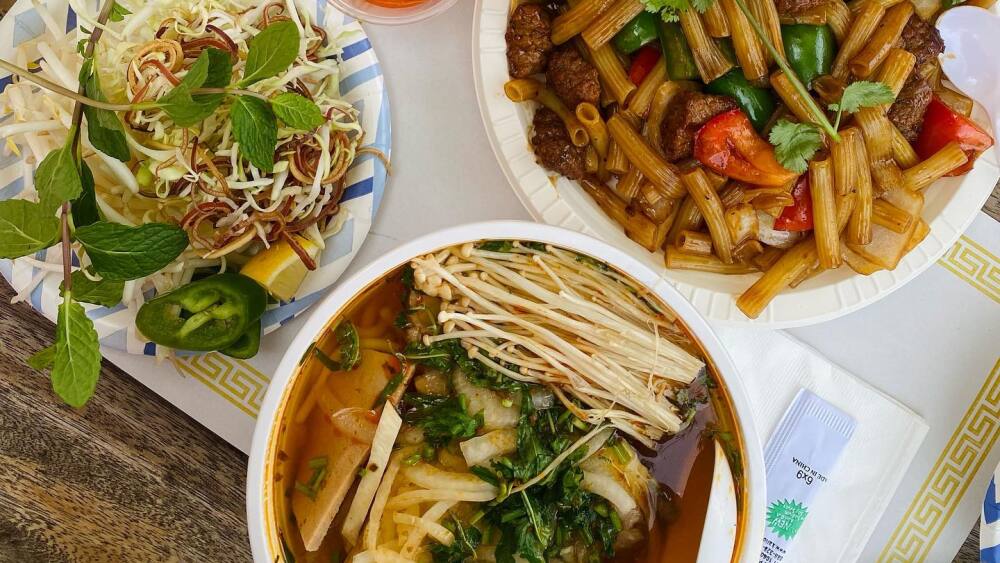 A spread of vegetarian Vietnamese food.