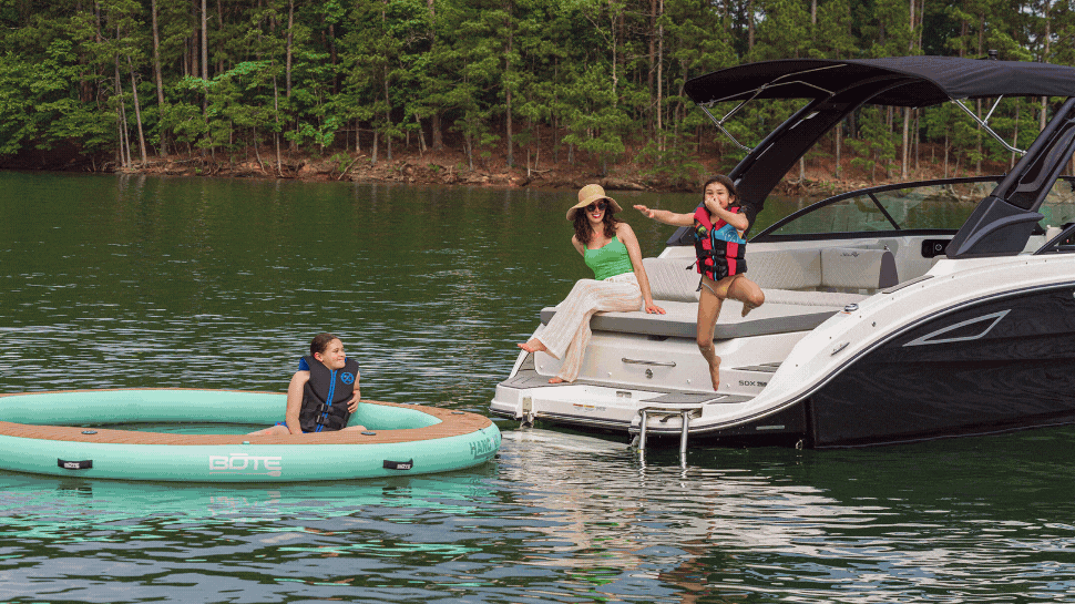 A GIF showing a woman with her kids enjoying a day on the lake, followed by displays of boats and accessories at the Upstate South Carolina Boat Show.