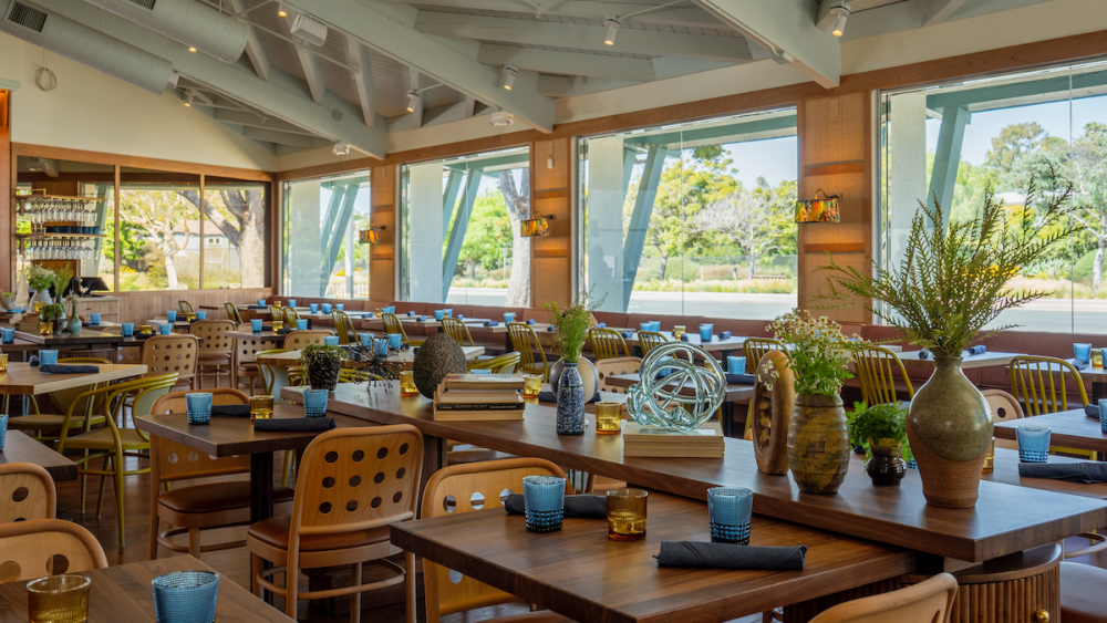 The interior of a restaurant filled with oak wood tables and chairs, light blue accents, and green potted plants.